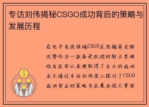 专访刘伟揭秘CSGO成功背后的策略与发展历程